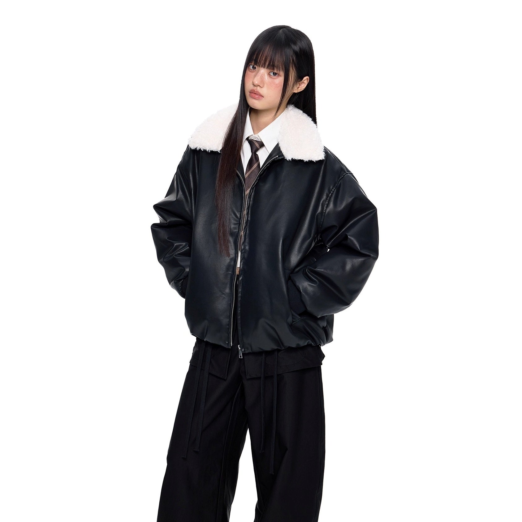 Contrast Lapel PU Leather Jacket EZ255