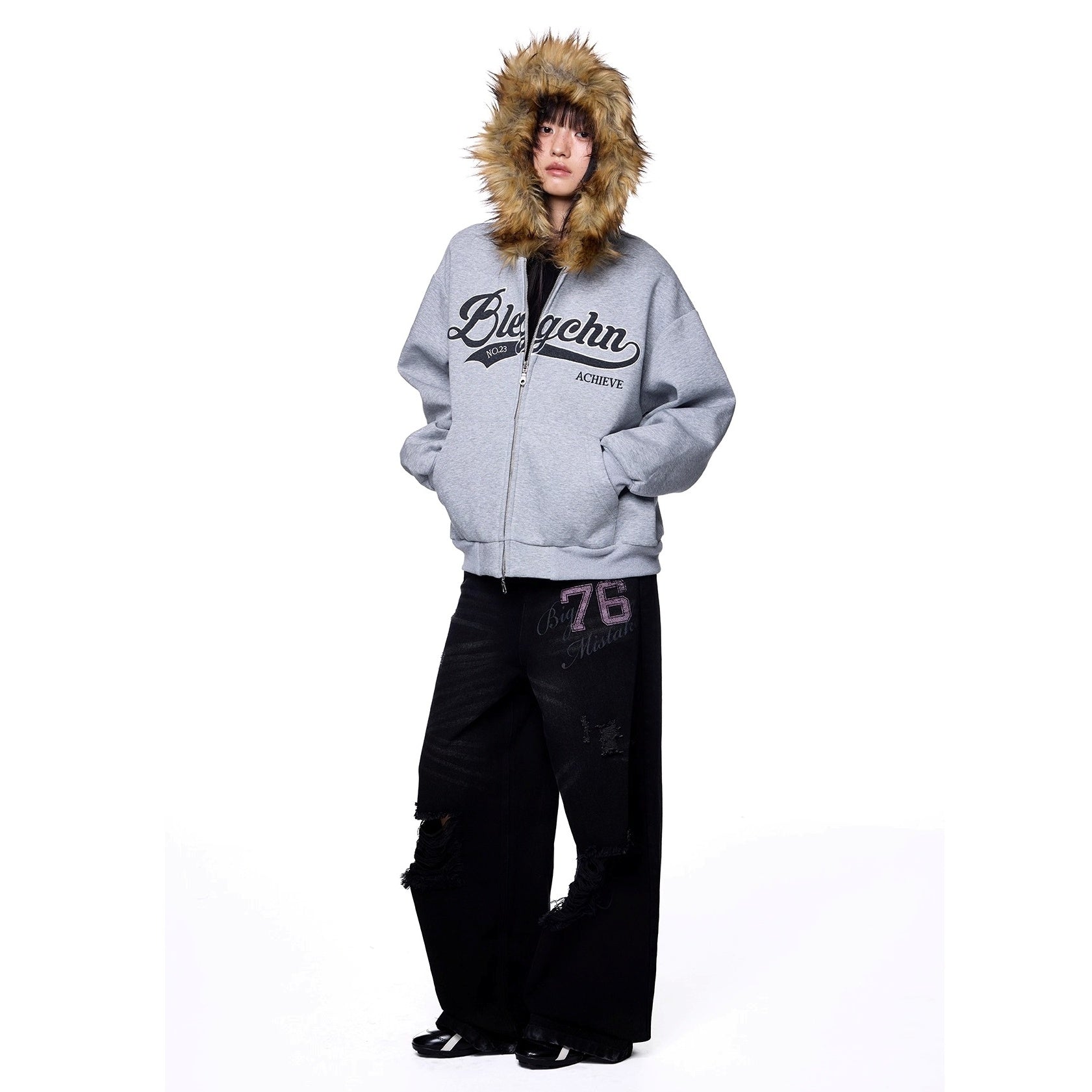Monogram Embroidered Fur Collar Hooded Sweat Jacket EZ262