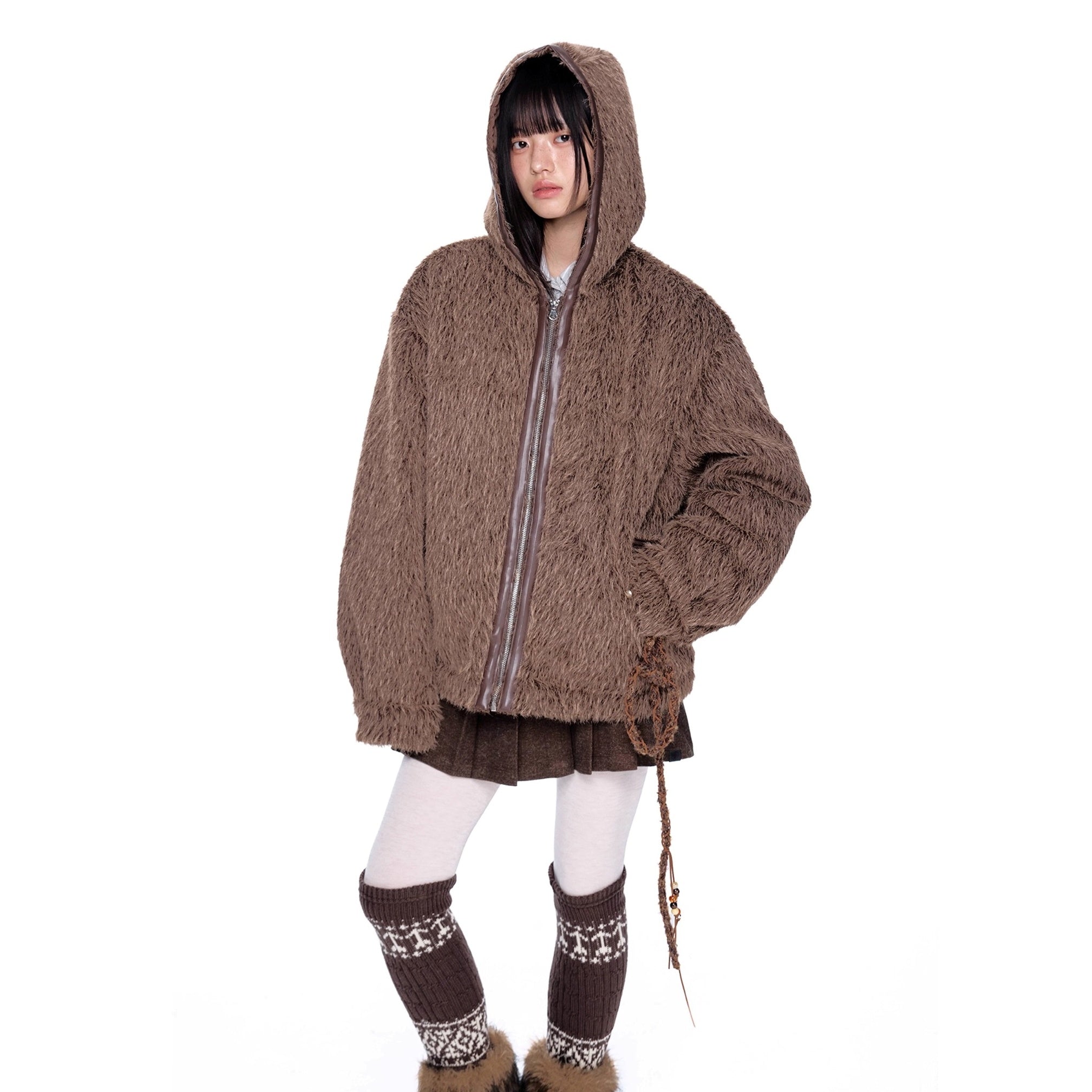 Loose Shaggy Fur Warm Hooded Jacket MY29