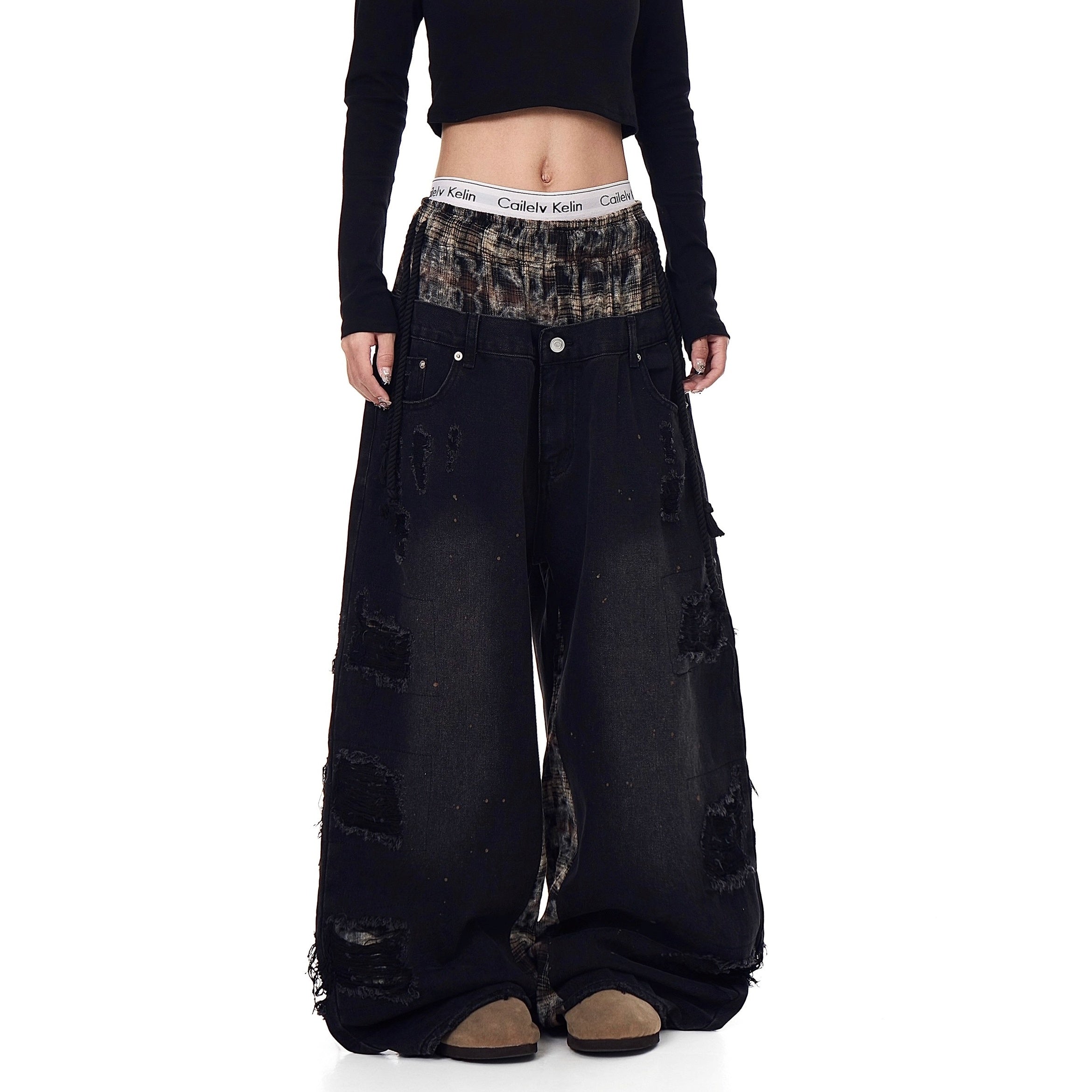 Double Waist Splicing Ripped Curve Jeans MW10273
