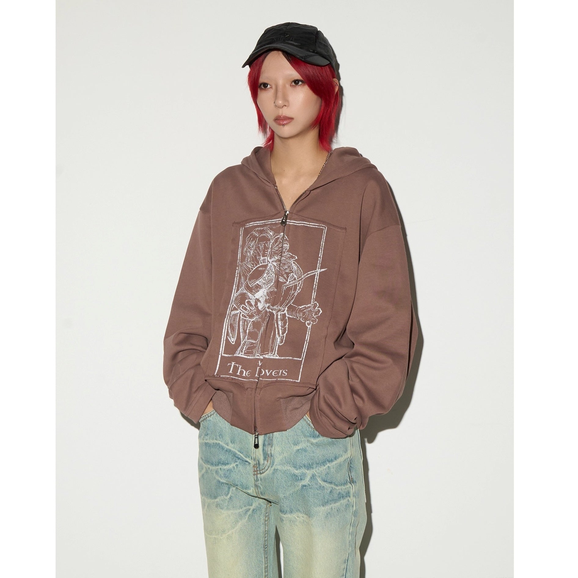 Monotone Print Double Zip Shorts Hooded Sweat MN9027