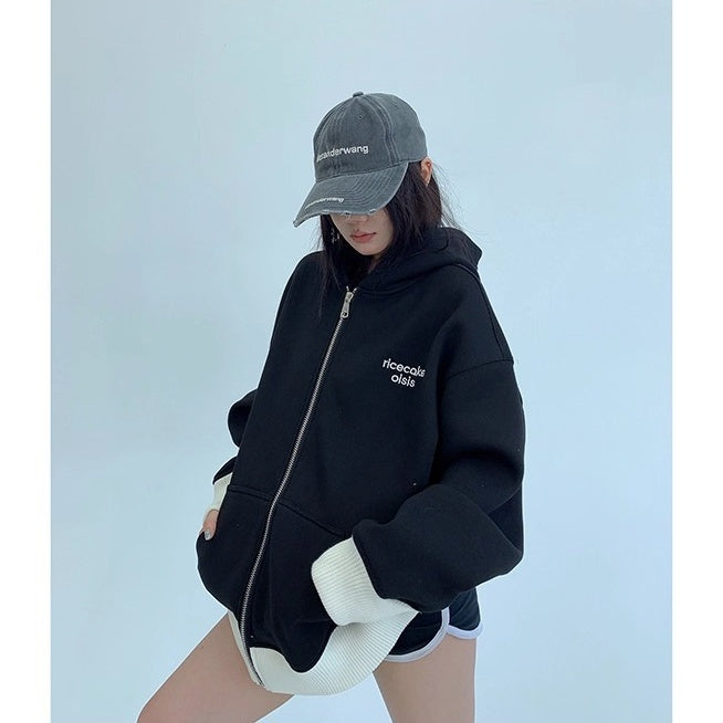 Contrast Embroidery Zip Hooded Jacket OS2043