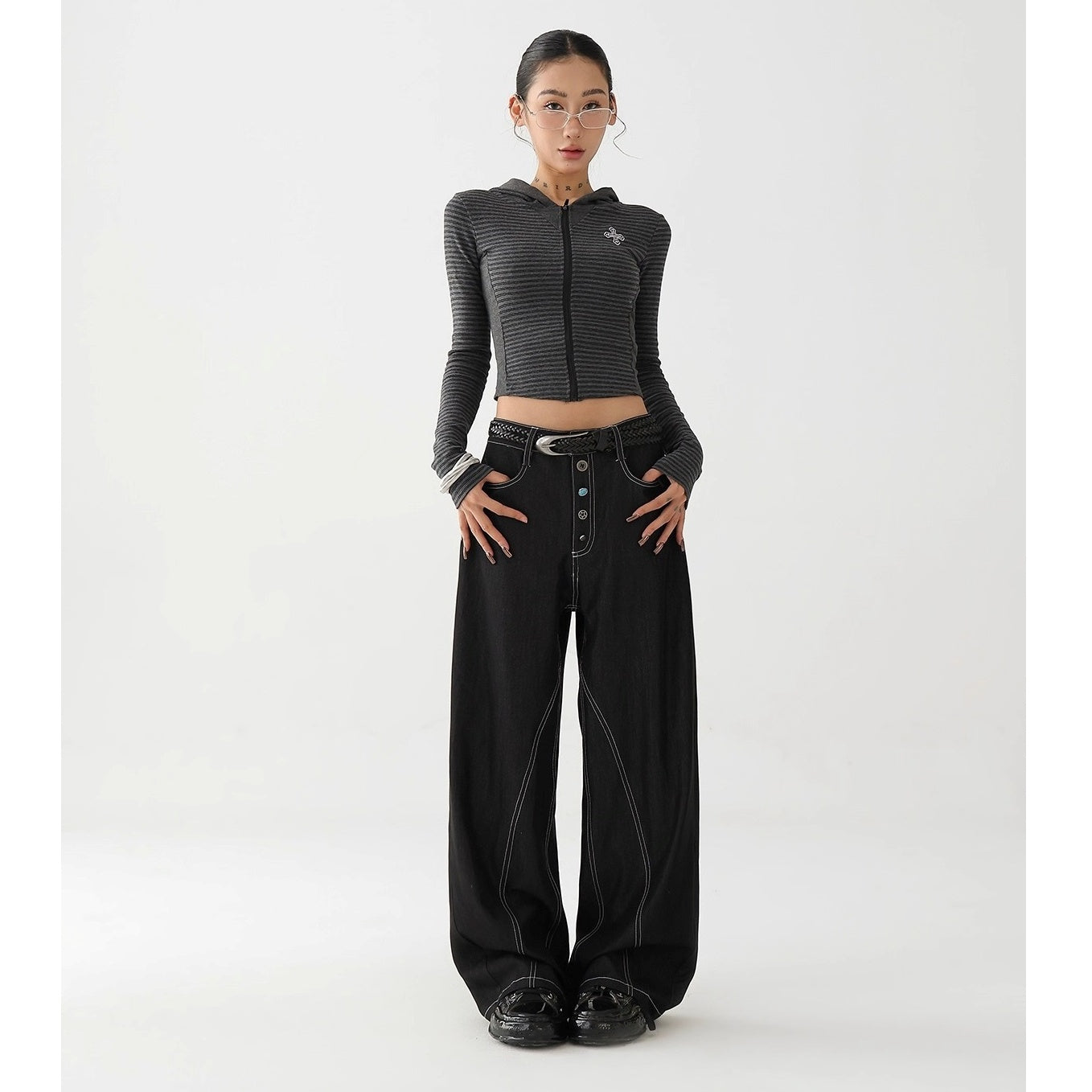Button  Wide-leg Stitch Pants AC7130