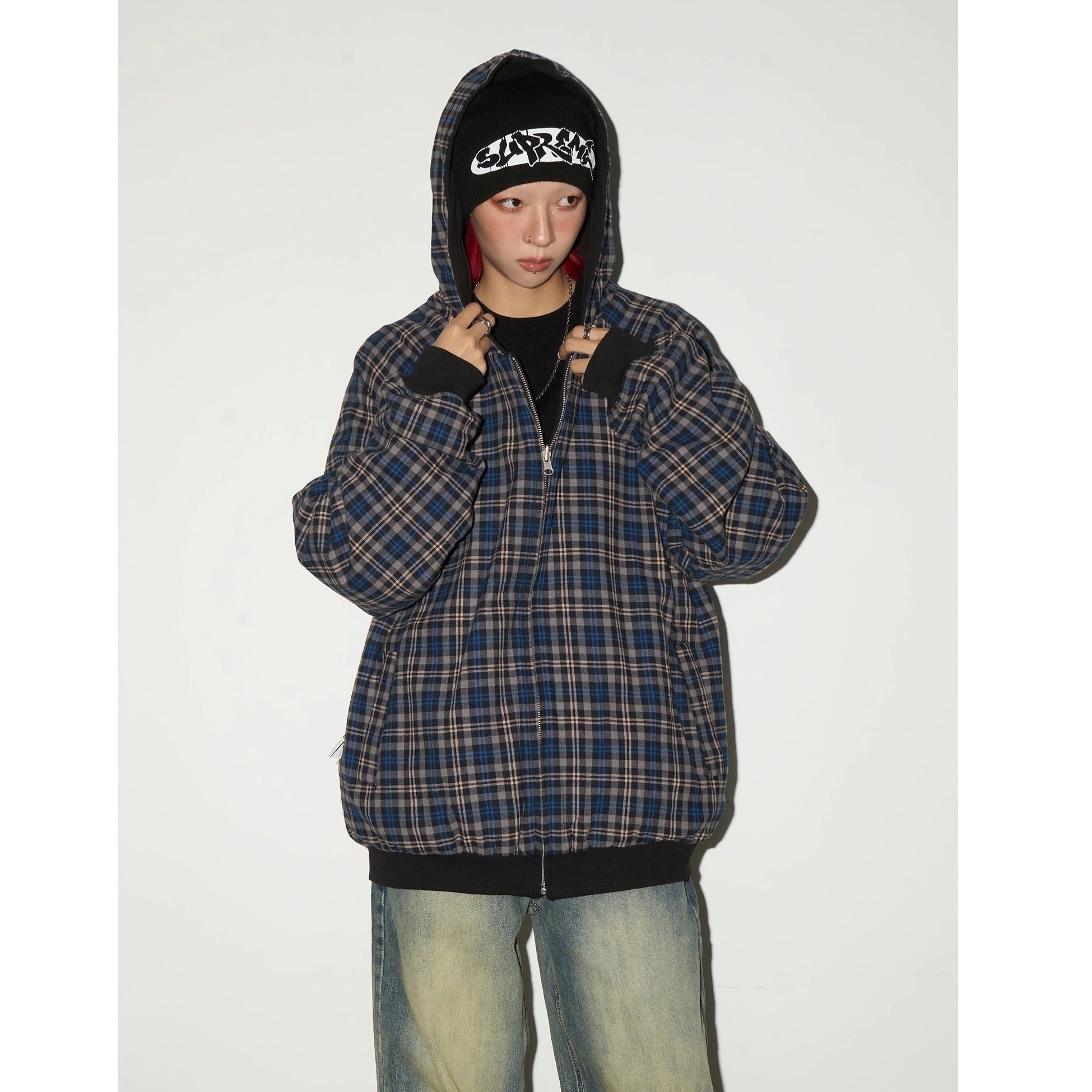 Reversible Plaid Hooded Sweat Jacket MN9040