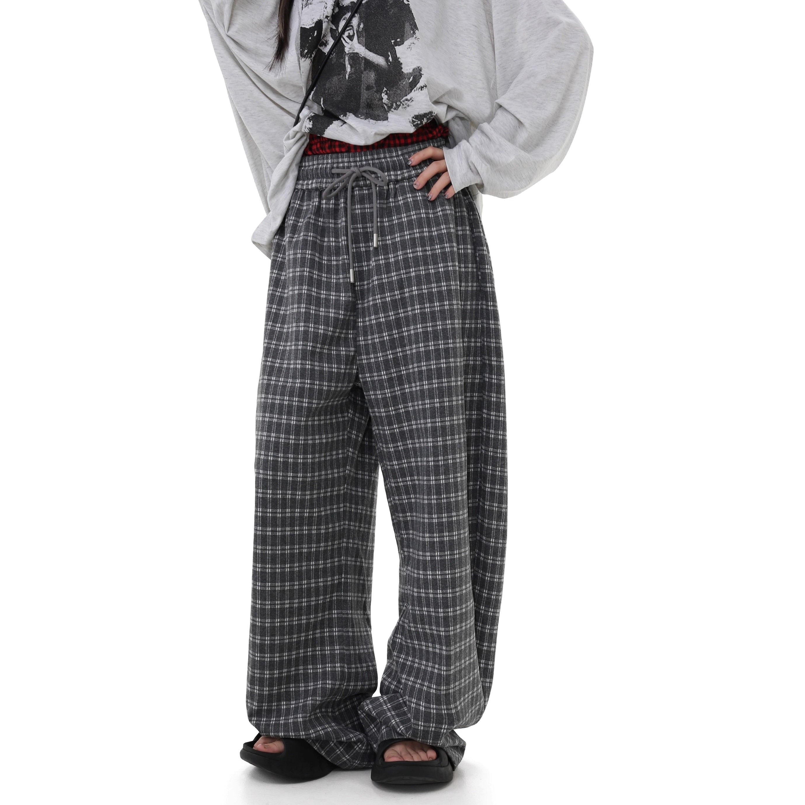 Elastic Waist Plaid Wide-leg Pants GB7038