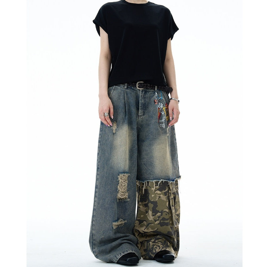 Camouflage Patchwork Loose Ripped Jeans MW10322
