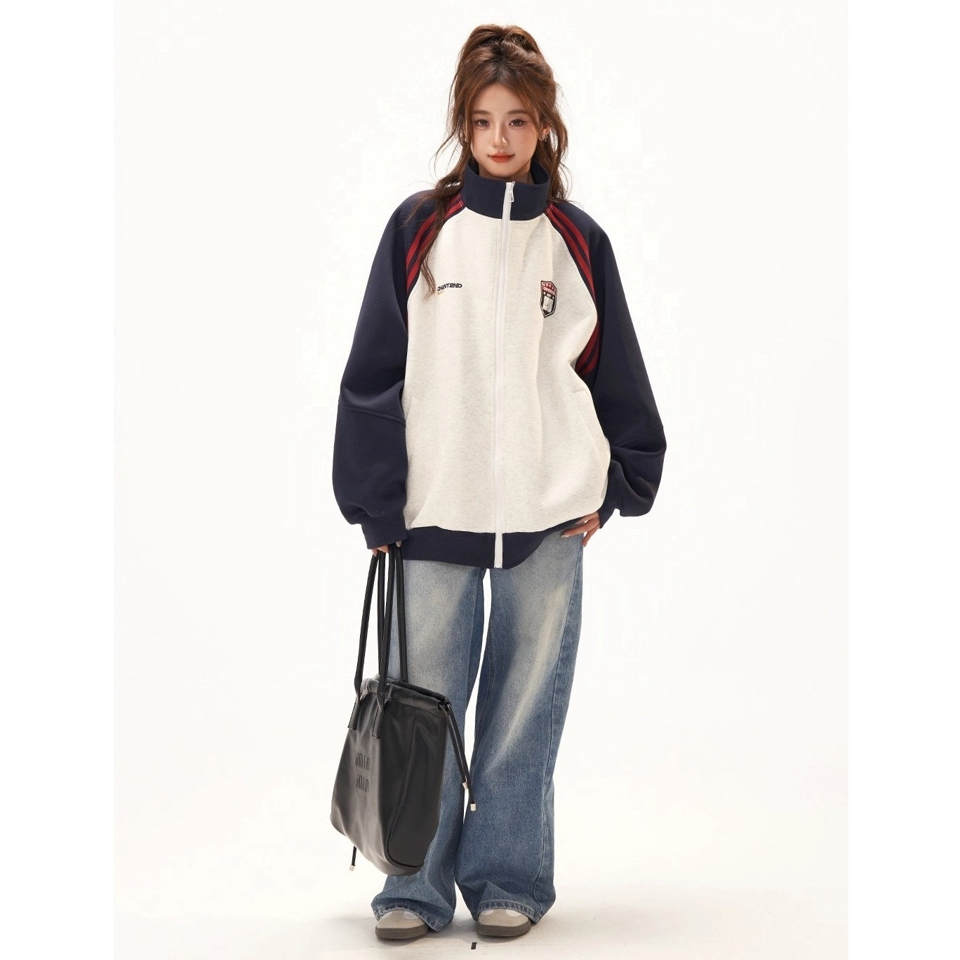 Stand-Collar Raglan Color-blocked Sweat Jacket CA7010