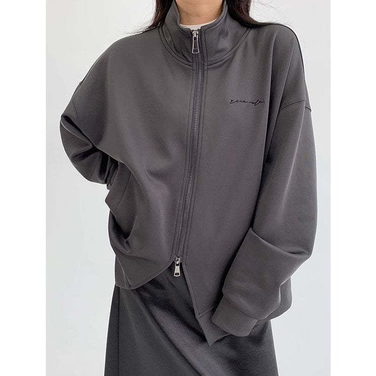 Double Zipper Stand Collar Loose Jacket OS2041