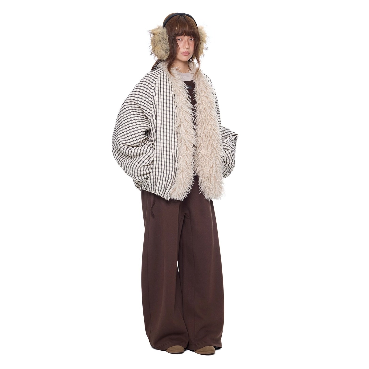 Plaid Fur No-Collar Padded Jacket EZ292