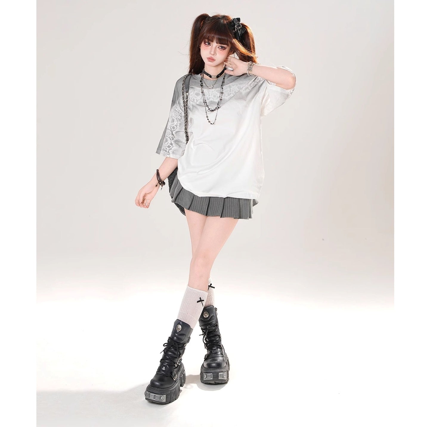 Lace Print Gradation Loose T-shirt KK2071