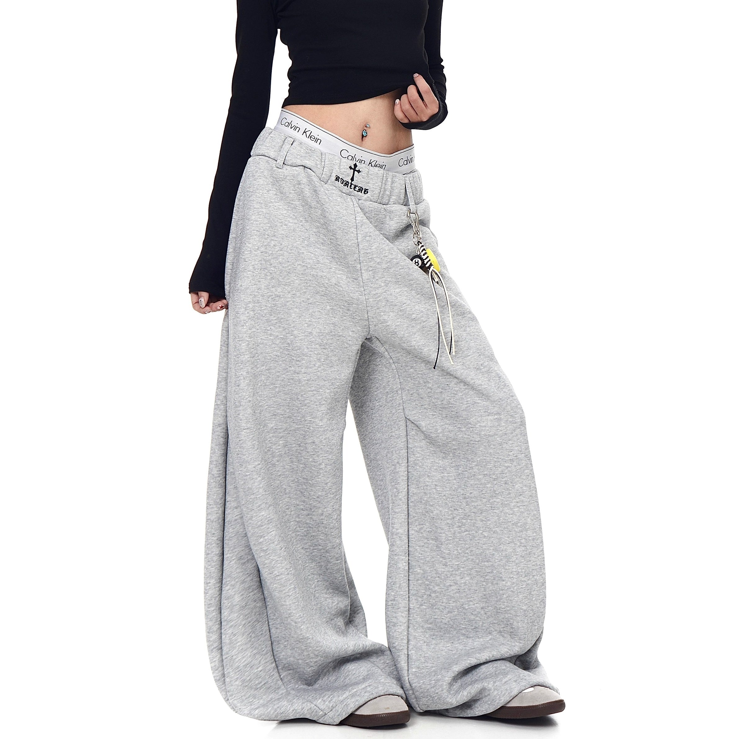 Cross Embroidery Loose Sweat Curve Pants BK7055