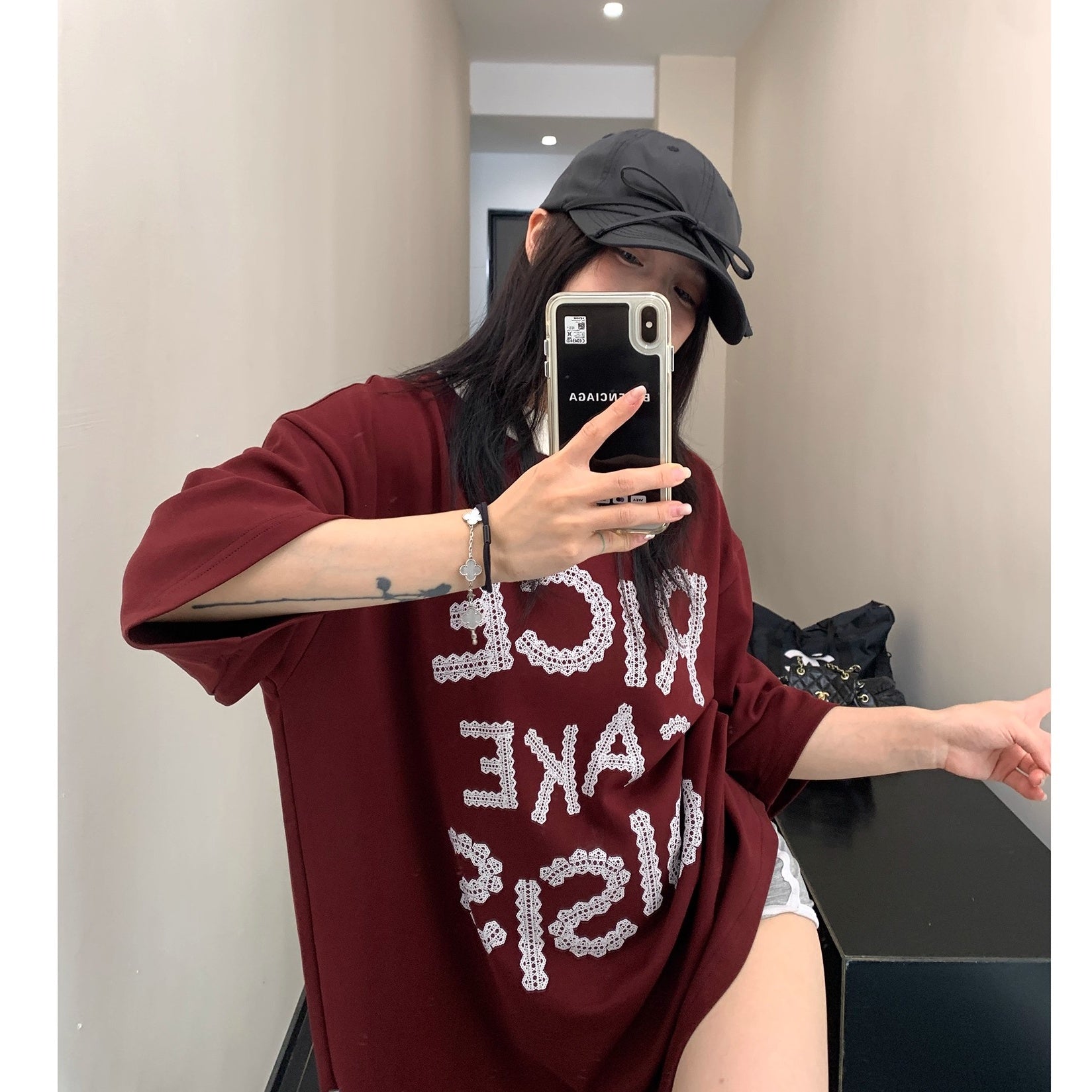 Lace Letter Loose Ringer T-shirt OS2001