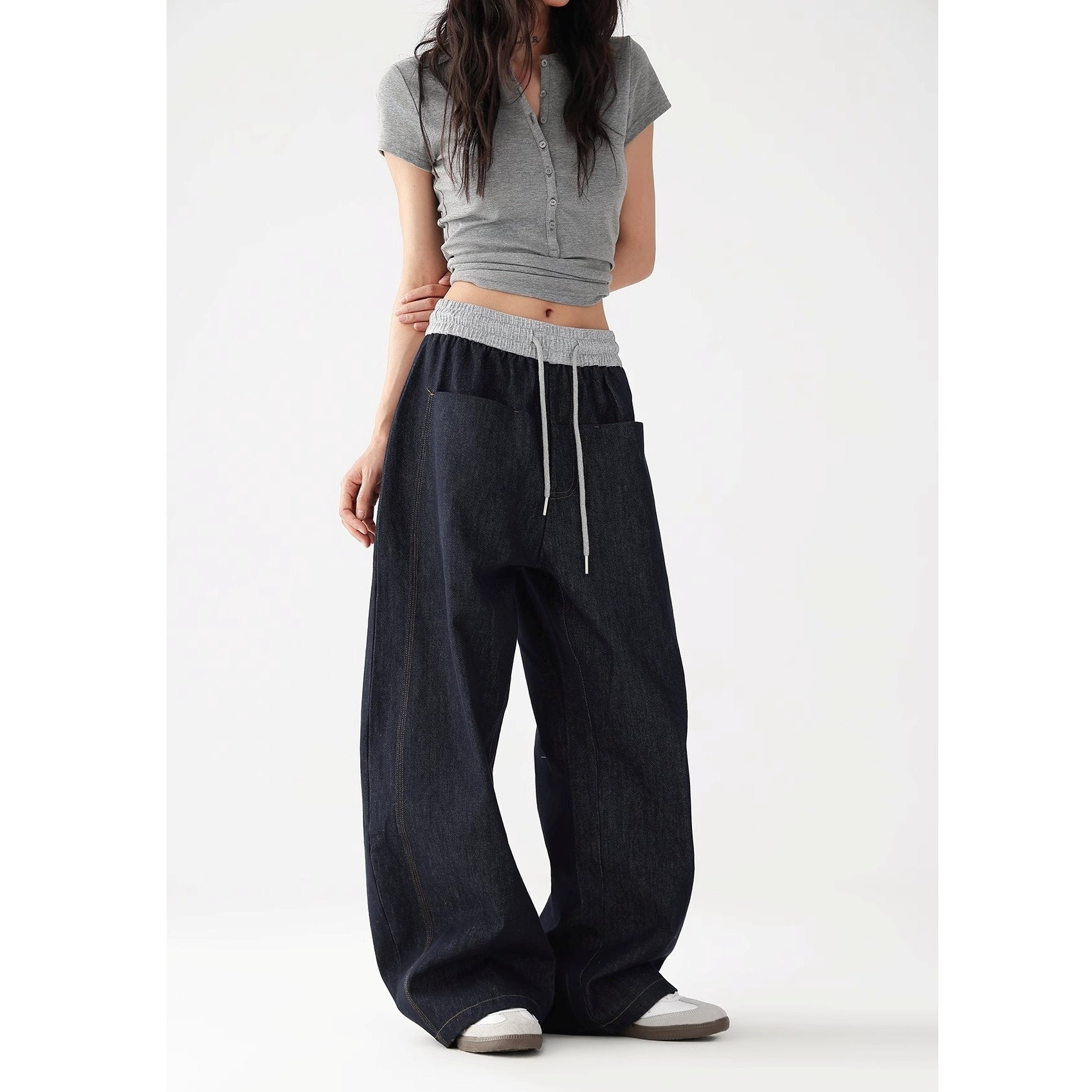 Panelled Elasticated Waistband Loose Curve Jeans AC7121