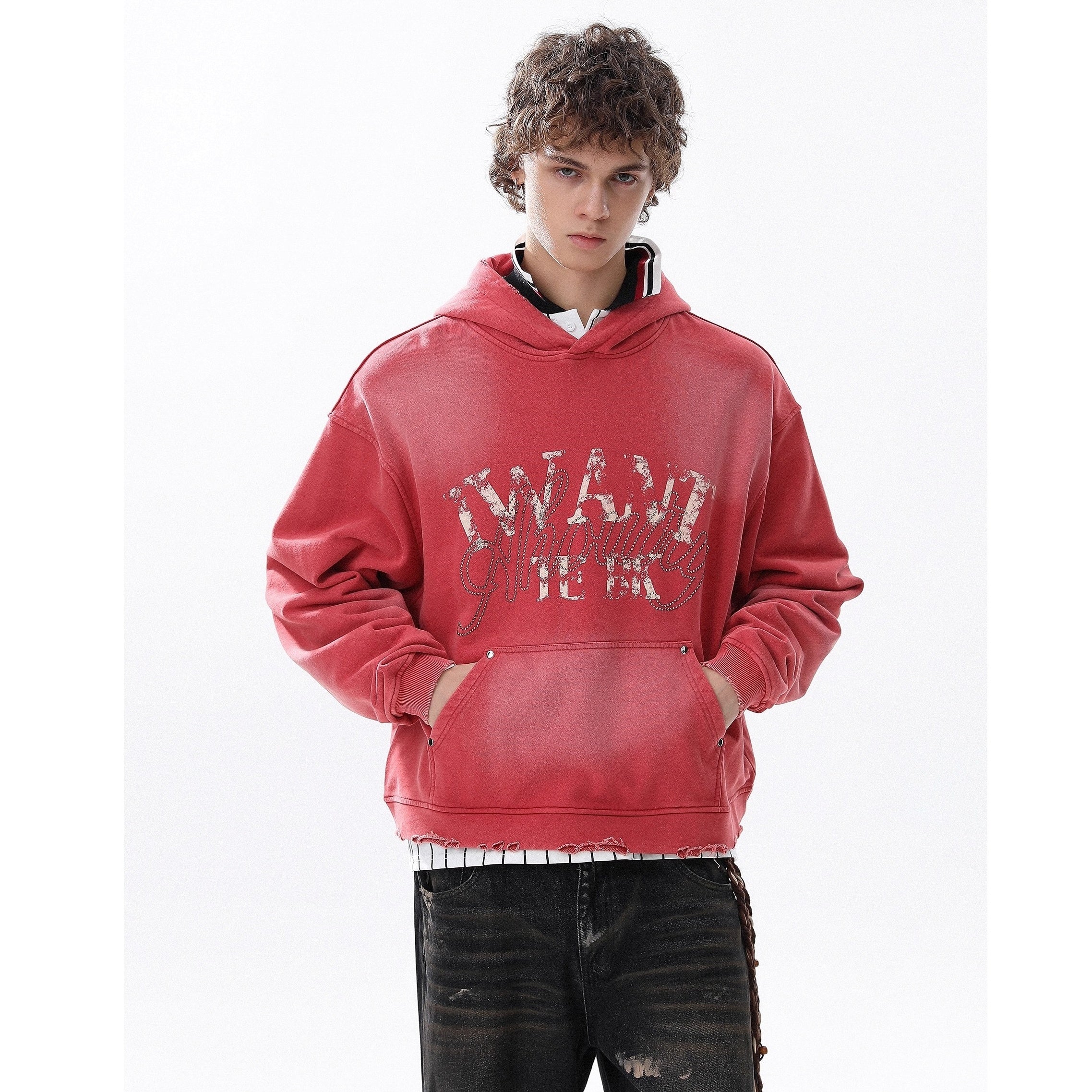 RhineStone Letter Print Damage Hoodie MR8025