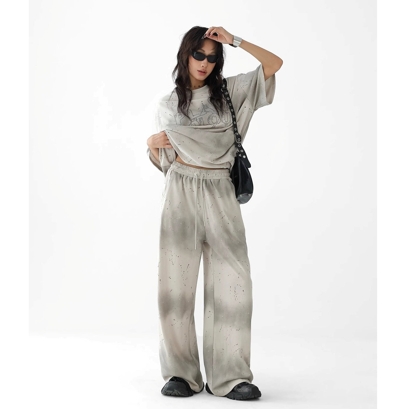【上下別売り】2Length Rhinestone Tie-Dye T-Shirt & Loose Sweatpants Set-up AC7114