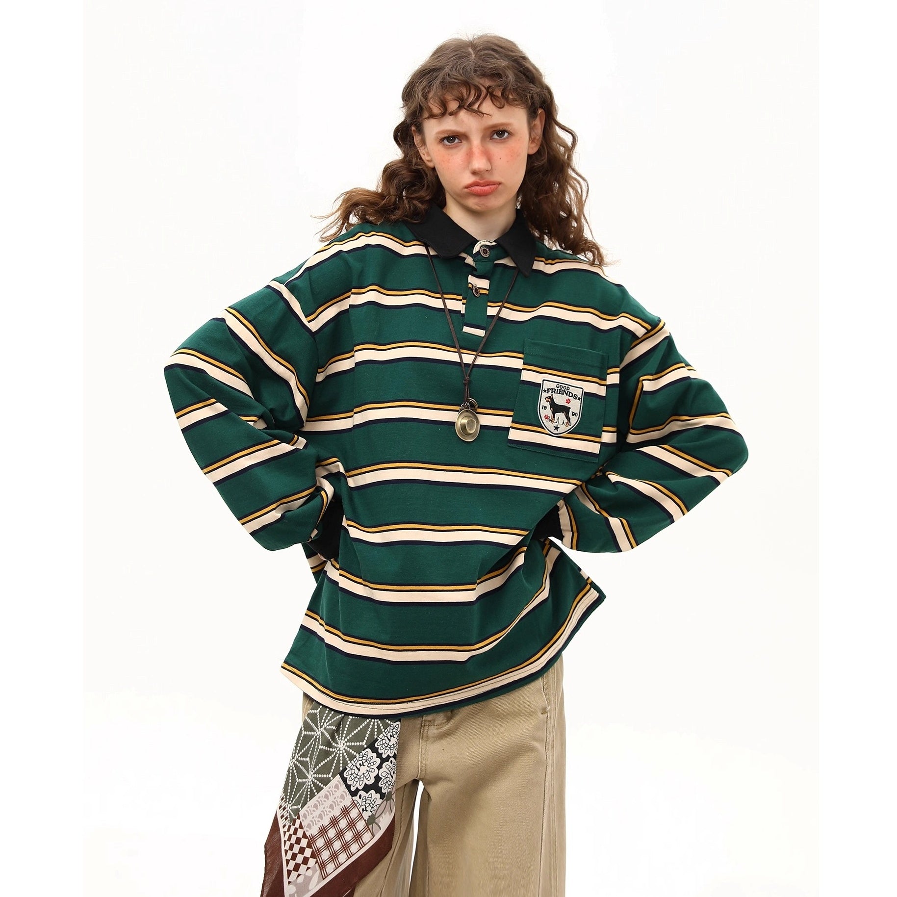 Preppy Style Border Long Sleeve Polo Shirt MW10251