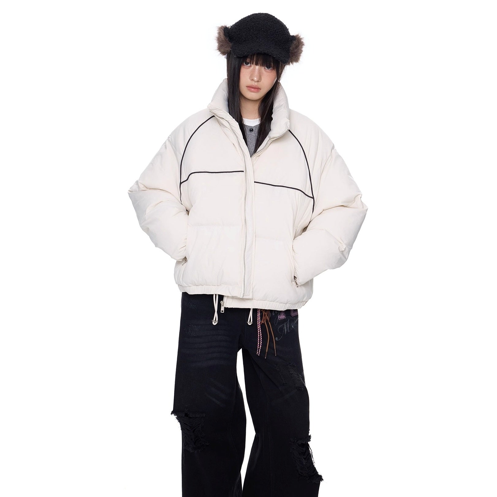 Contrasting Line Stand Collar Basic Jacket EZ298