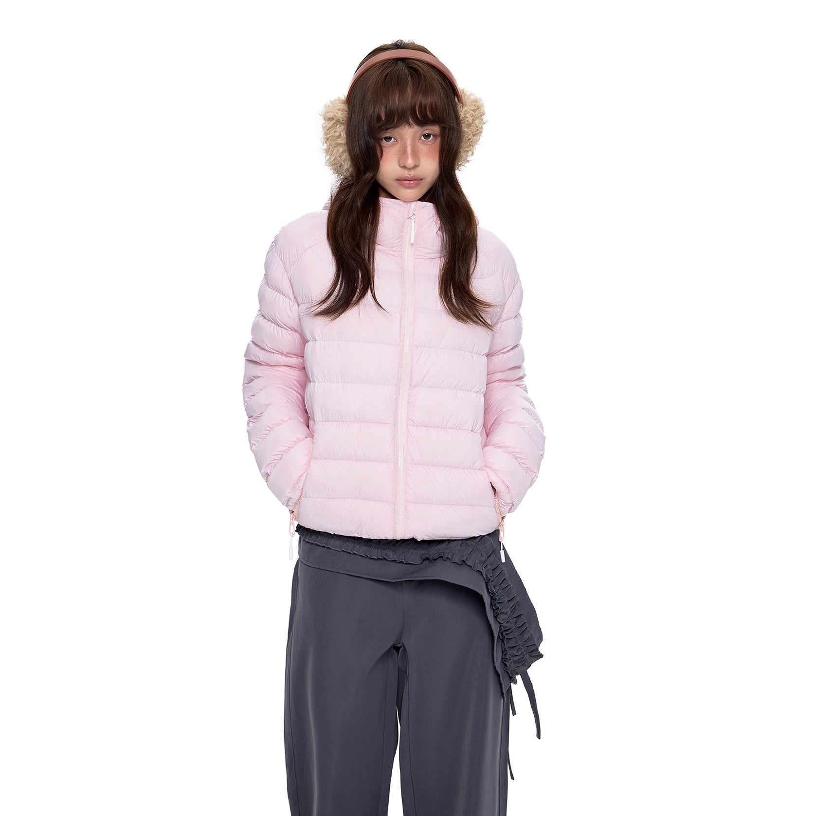Rib Print Hooded Light Down Jacket EZ247