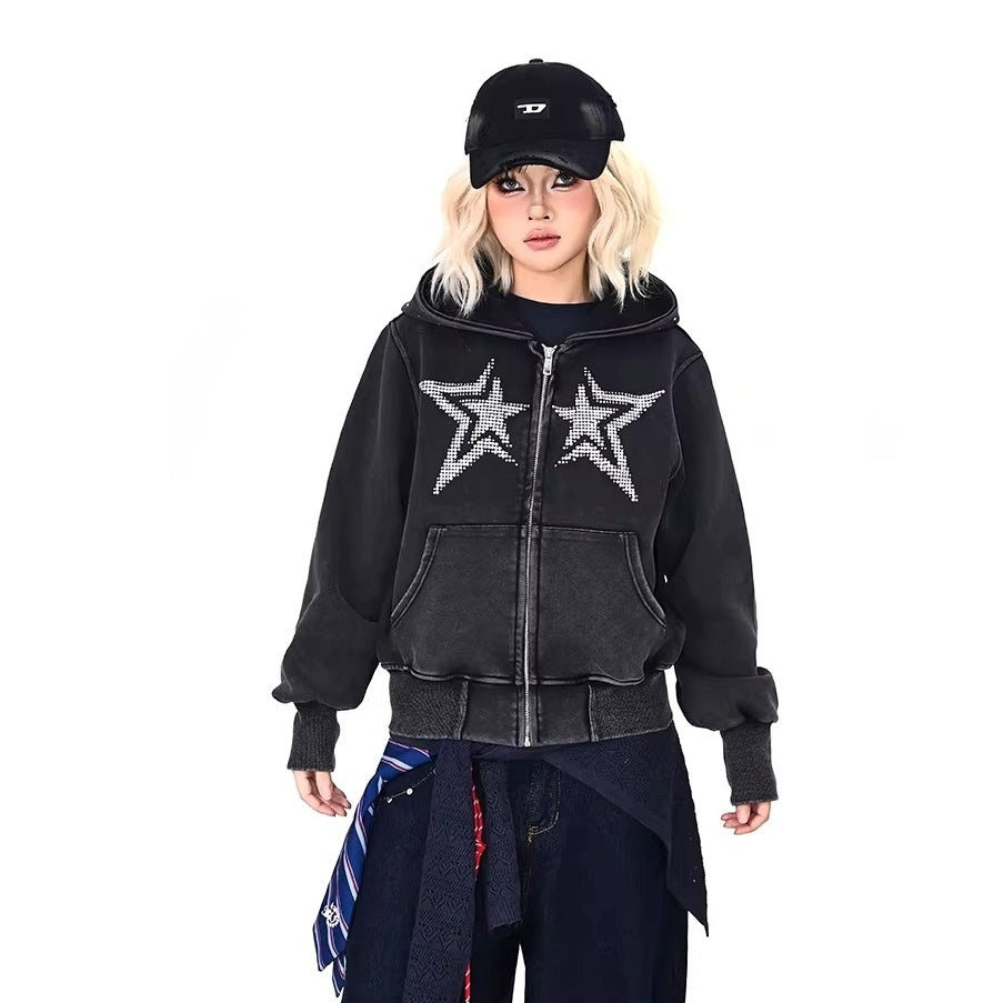 Rhinestone Star Decoration Hooded Parka MW10387