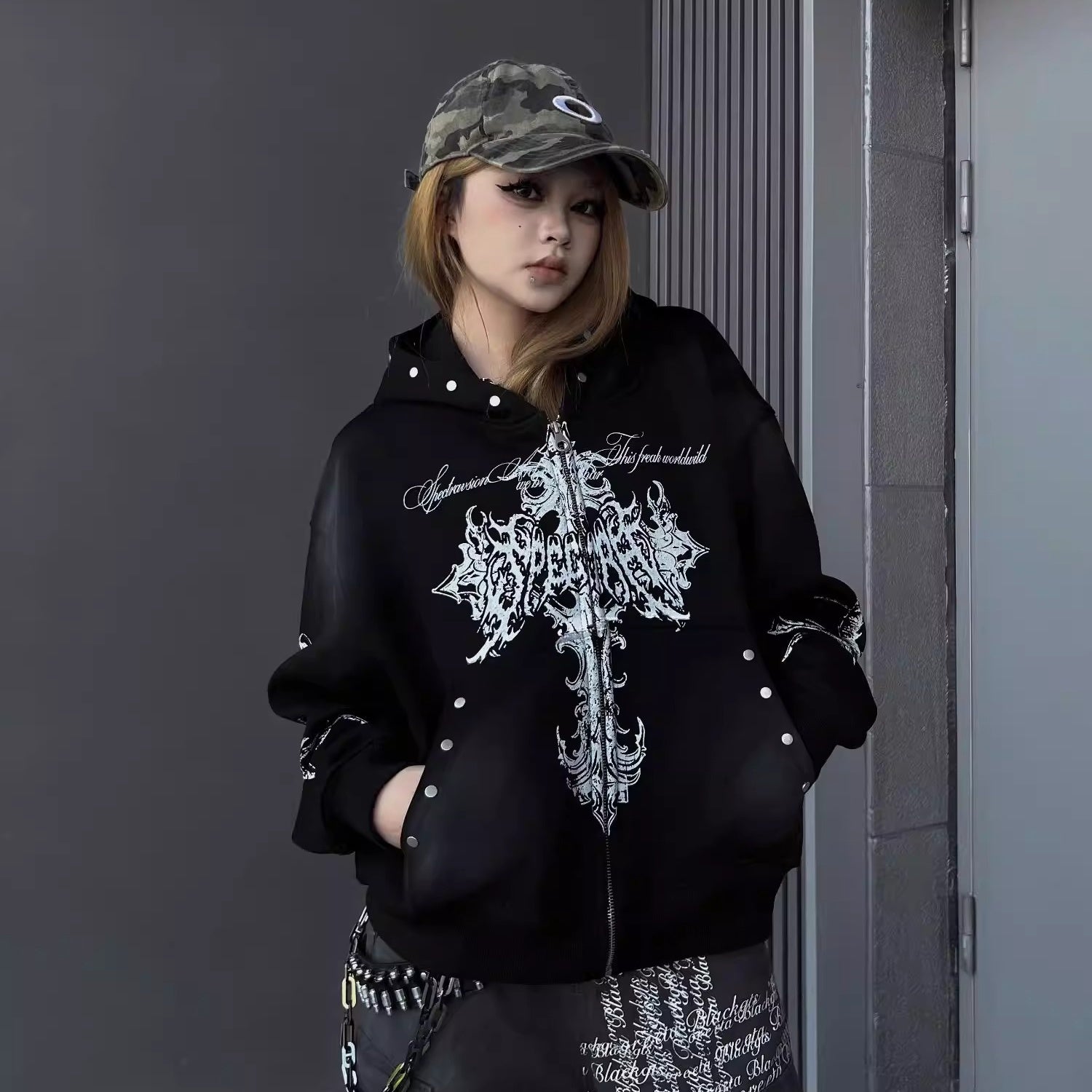 Stained Cross Print Hoodie Jacket MW10335