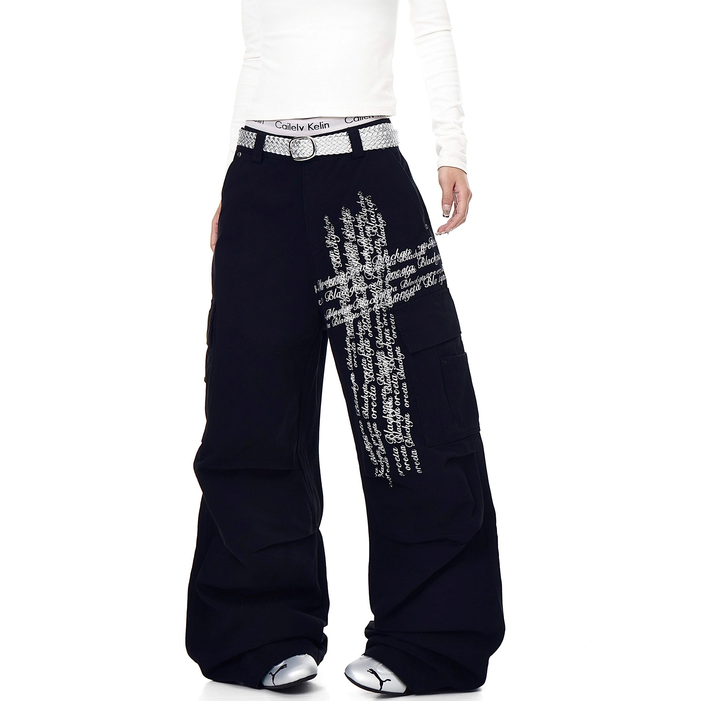 Washed Pleated Letter Print Cargo Pants BK7013