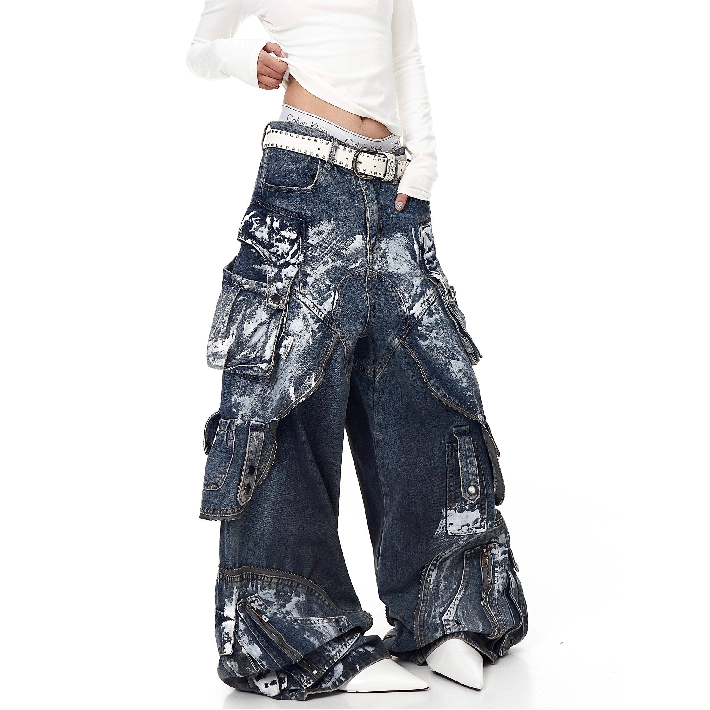 Dirty Worn Zipper Splicing Cargo Jeans BK7043