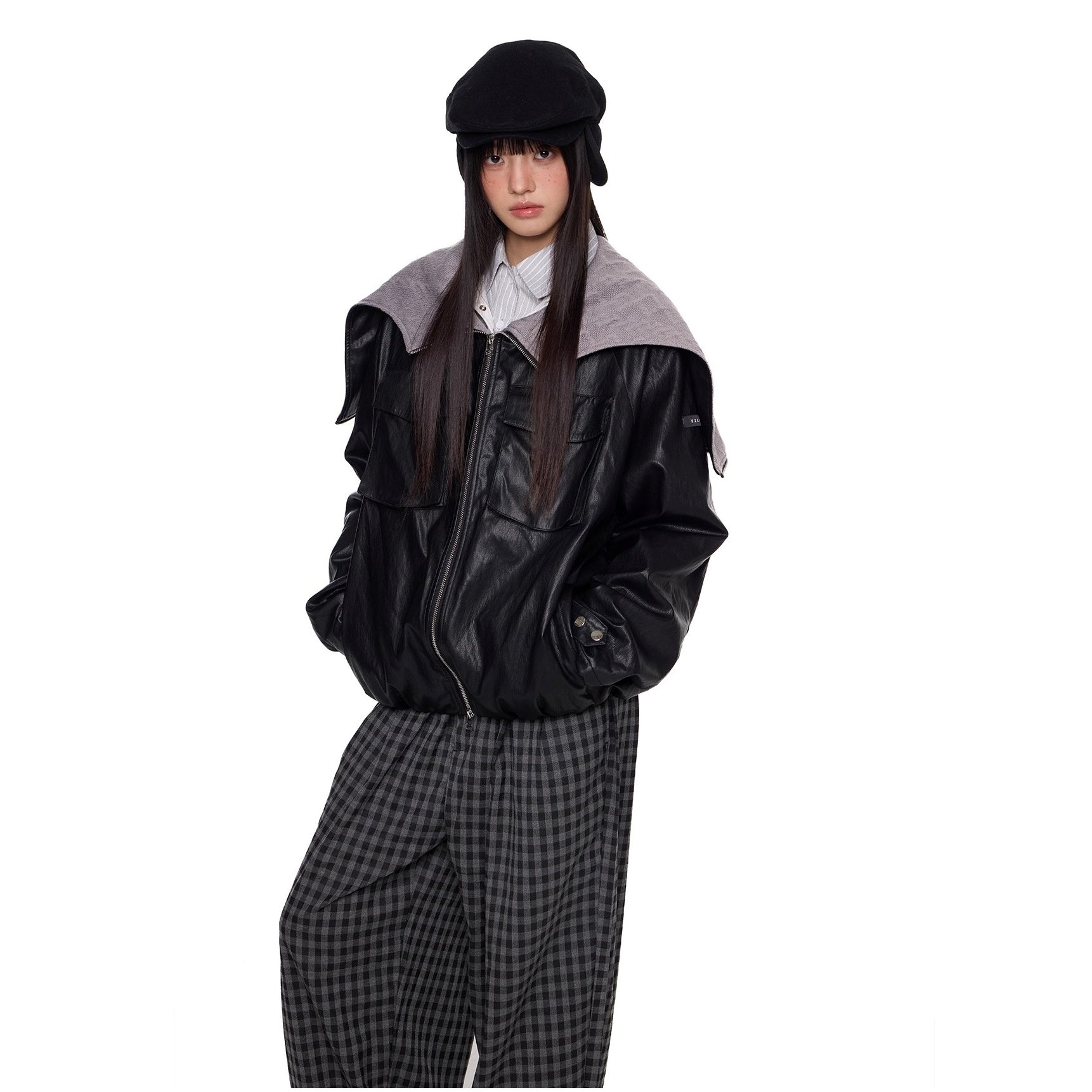 Zipper Split Hood PU Leather Jacket EZ261