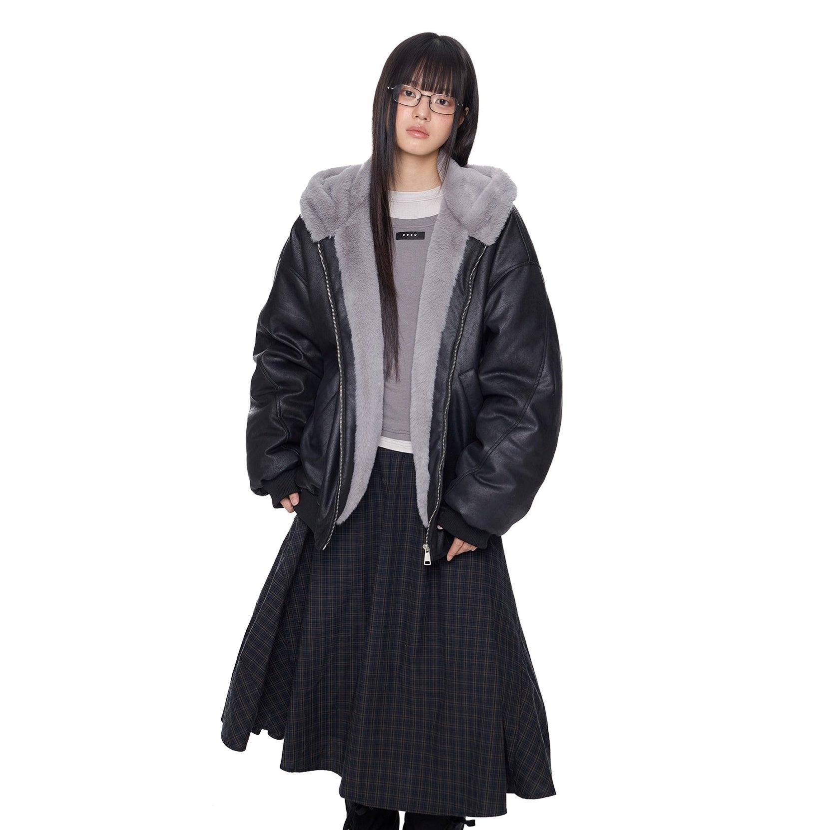 Furry Hooded PU Leather Loose Jacket EZ288