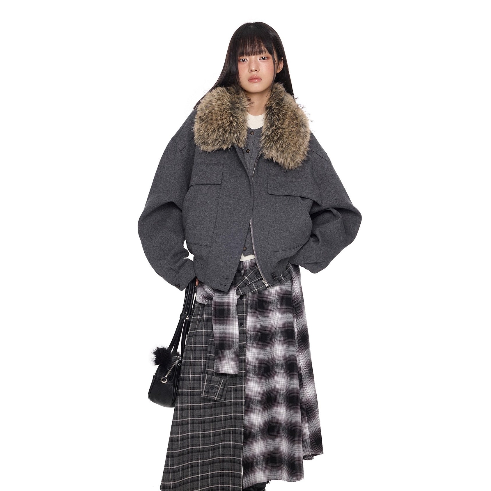 Fur Neck Pocket Cropped Jacket EZ285