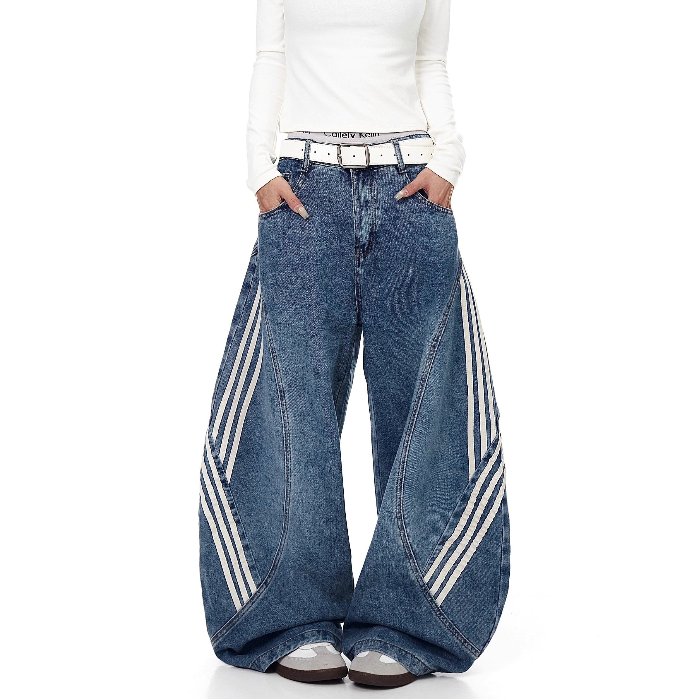 Striped Patchwork Washed Scimitar Jeans BK7031