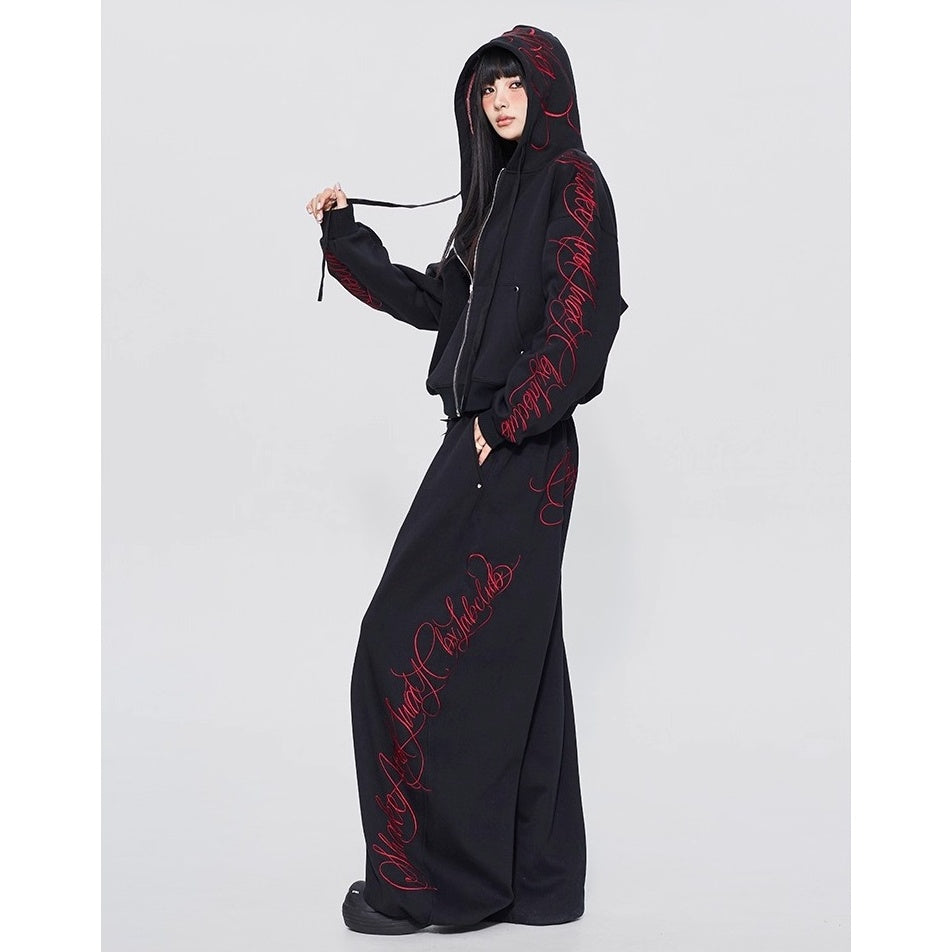 【上下別売り】Gothic Letter Embroidery Hooded Sweat Parka & Pants Set-up CB1001