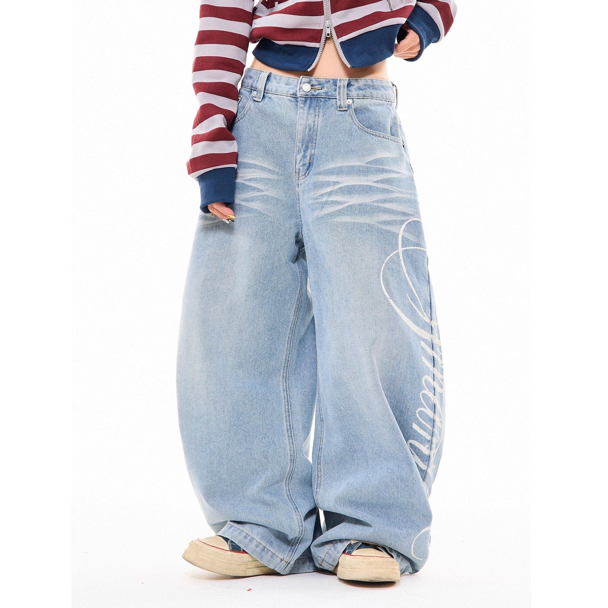 Side Print Washed Cat Whiskers Curve Jeans MW10259