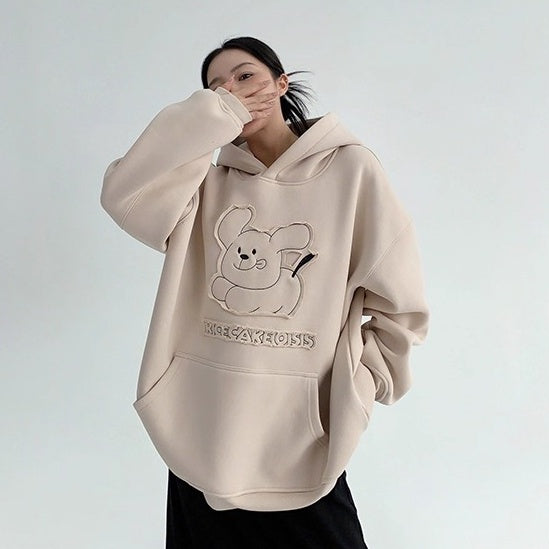 Retro Patch Embroidery Cartoon Plush Hoodie OS2070