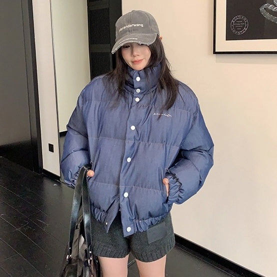 Denim Fabric Cropped Puffer Jacket OS2062