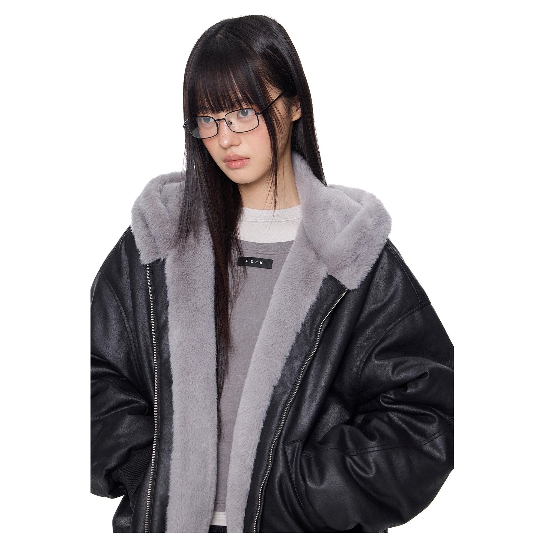 Furry Hooded PU Leather Loose Jacket EZ288