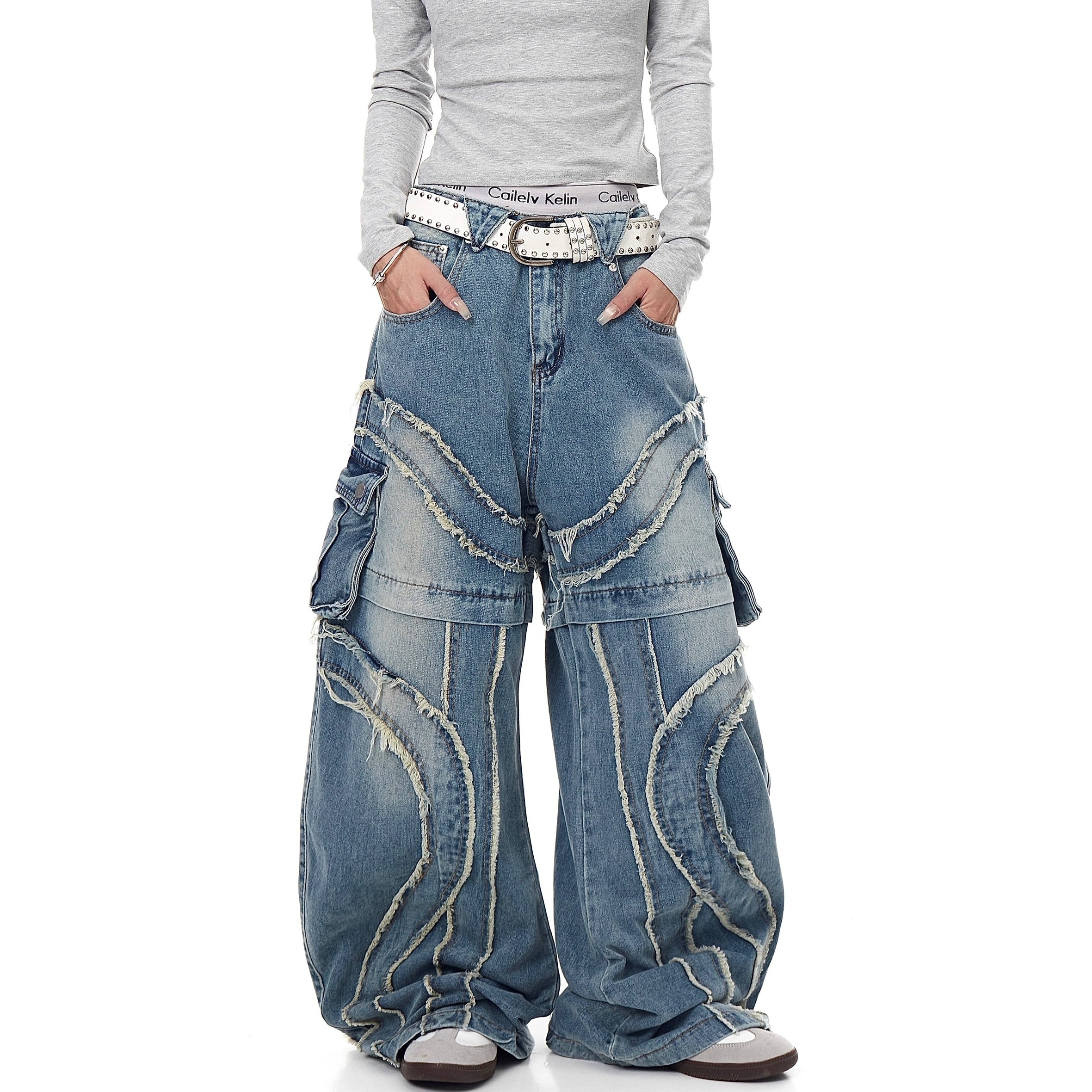 Raw Edge Stitching Cargo Jeans BK7022