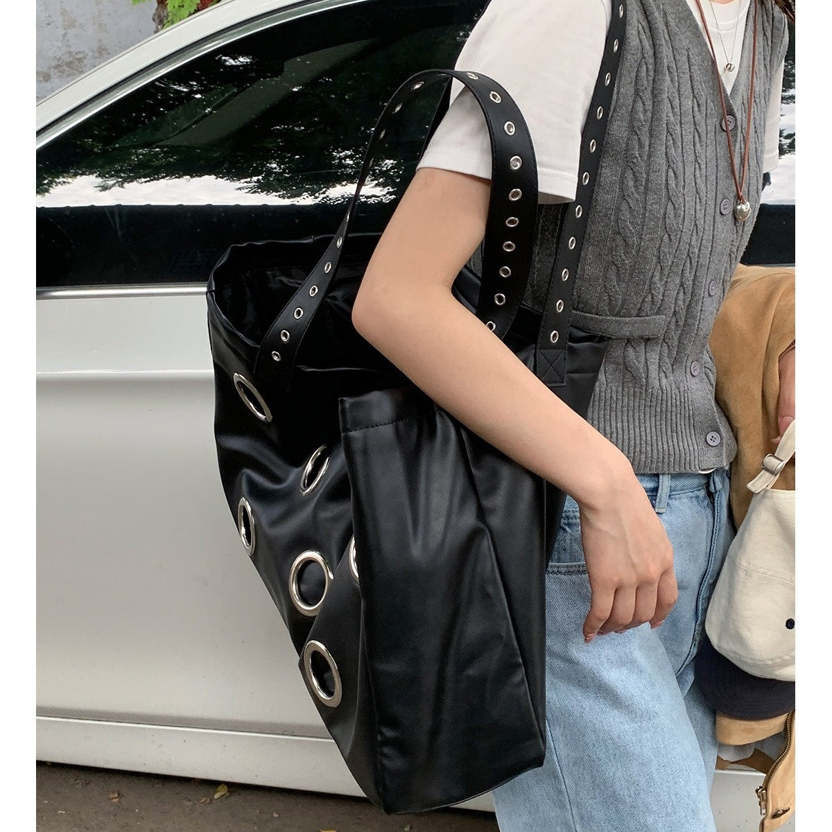 PU Leather Eyelet Large Tote Bag BA044