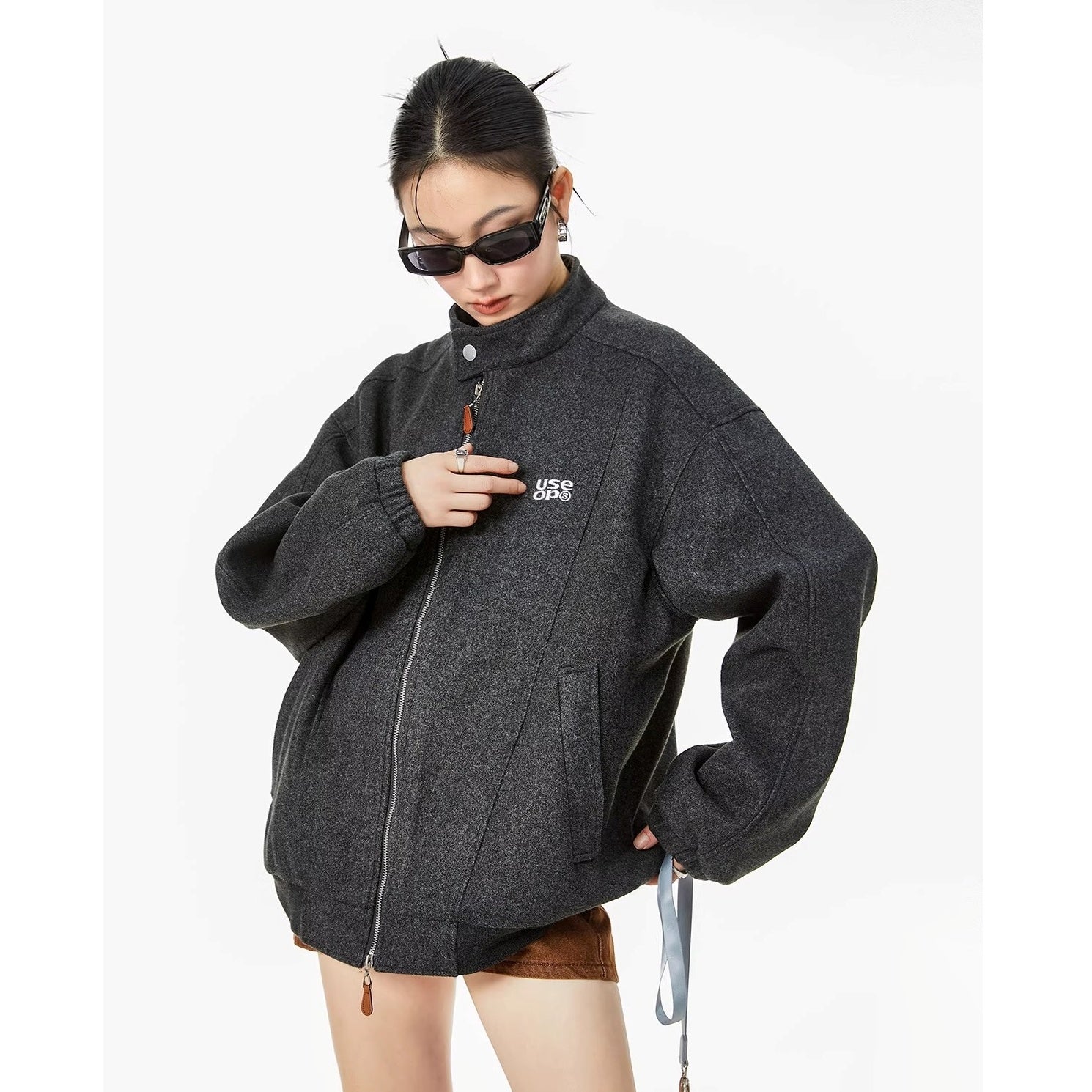 Embroidered Stand Collar Zip Jacket IC9119