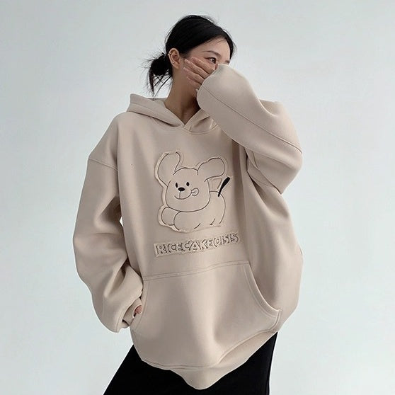 Retro Patch Embroidery Cartoon Plush Hoodie OS2070