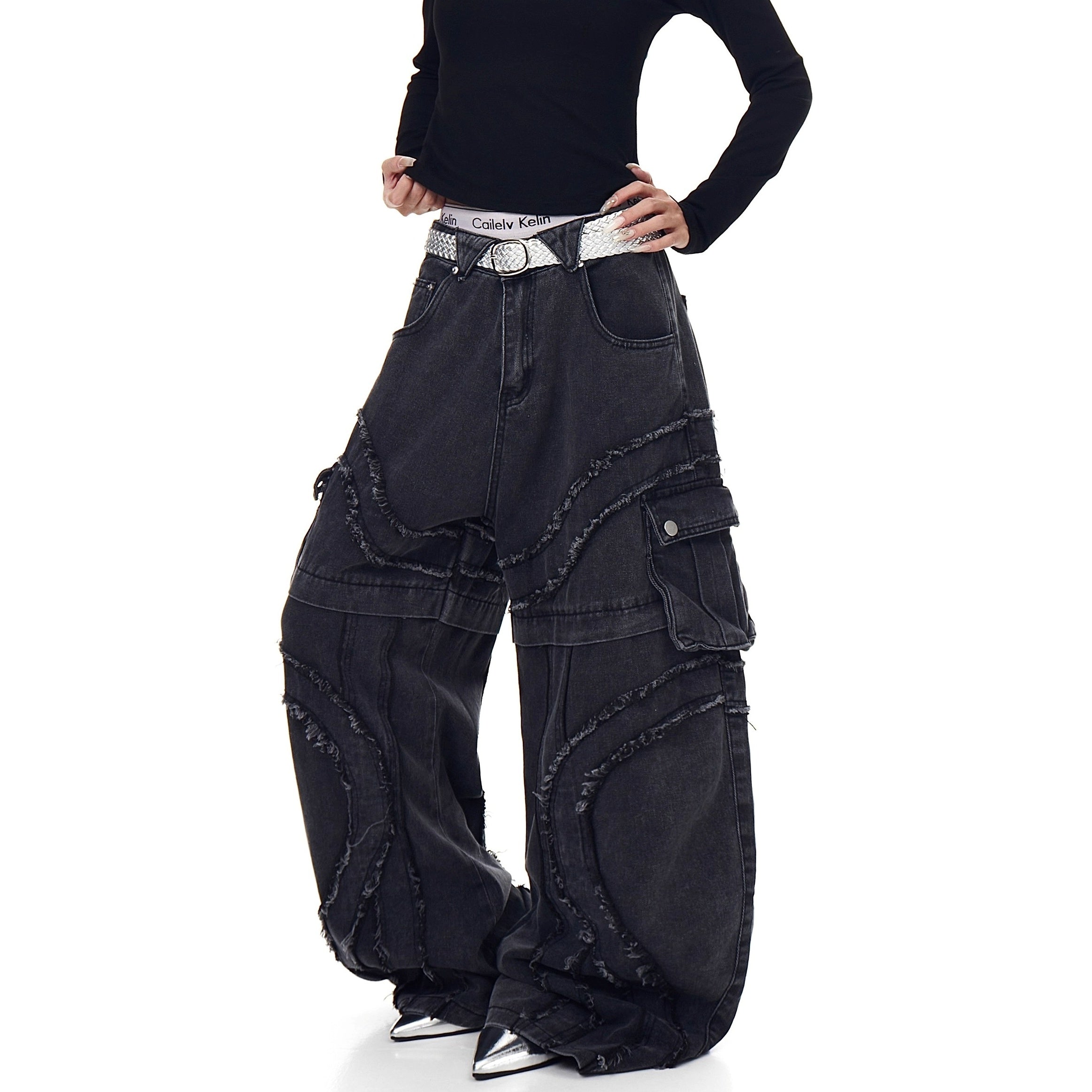 Raw Edge Switching Cargo Curve Jeans BK7027