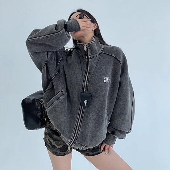 Damage Washed Stand Collar Casual Jacket OS2048