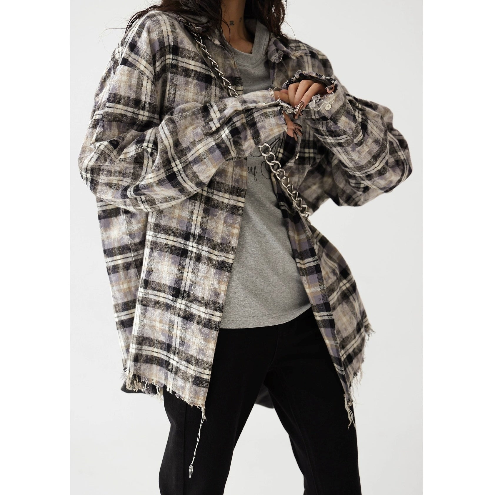 Plaid Frayed Brushed Loose Fringe Shirt AC7151