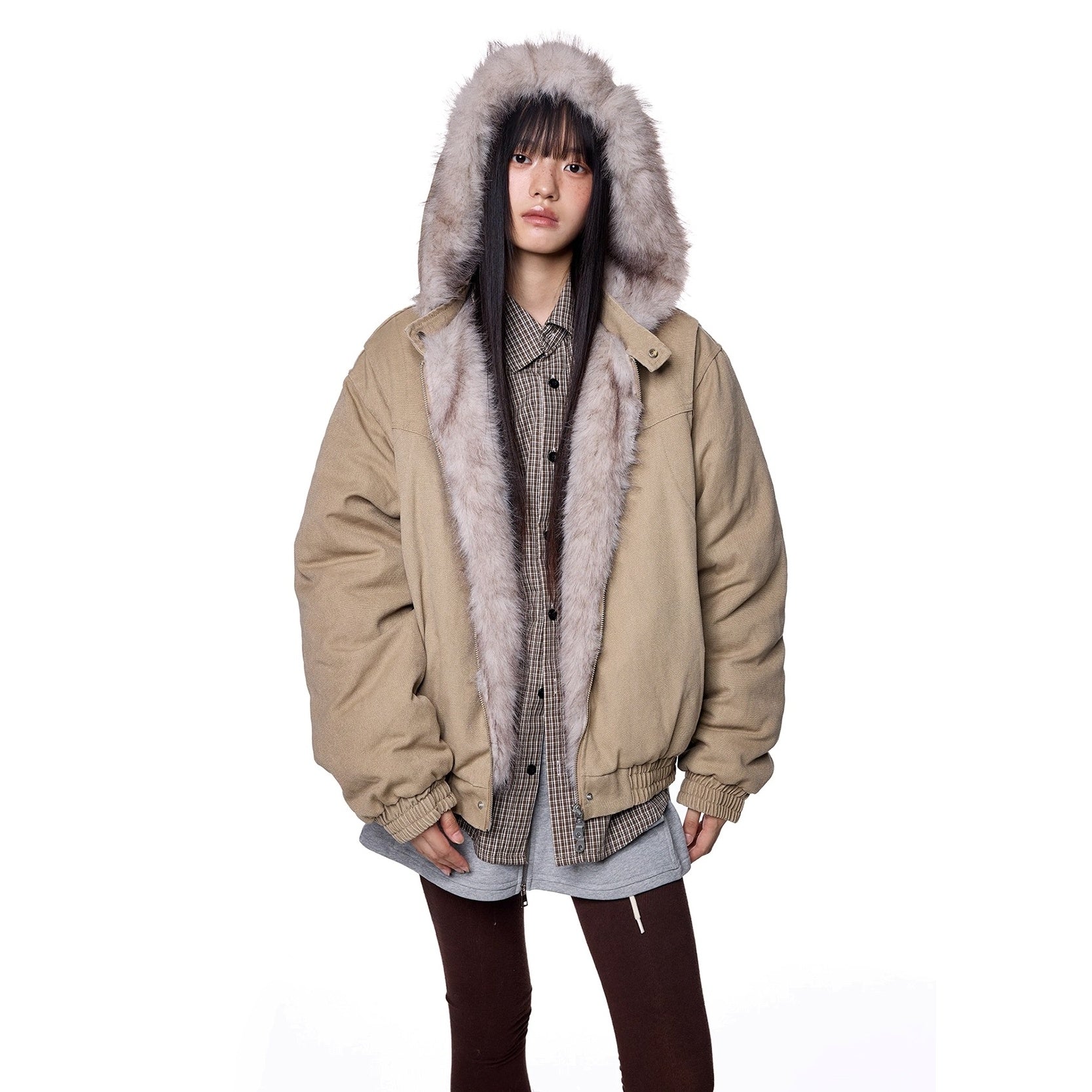Fluffy Fur Collar Casual Hooded Blouson EZ260