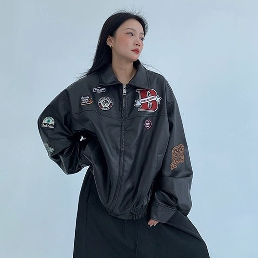Vintage PU Leather Loose Embroidered Jacket OS2028