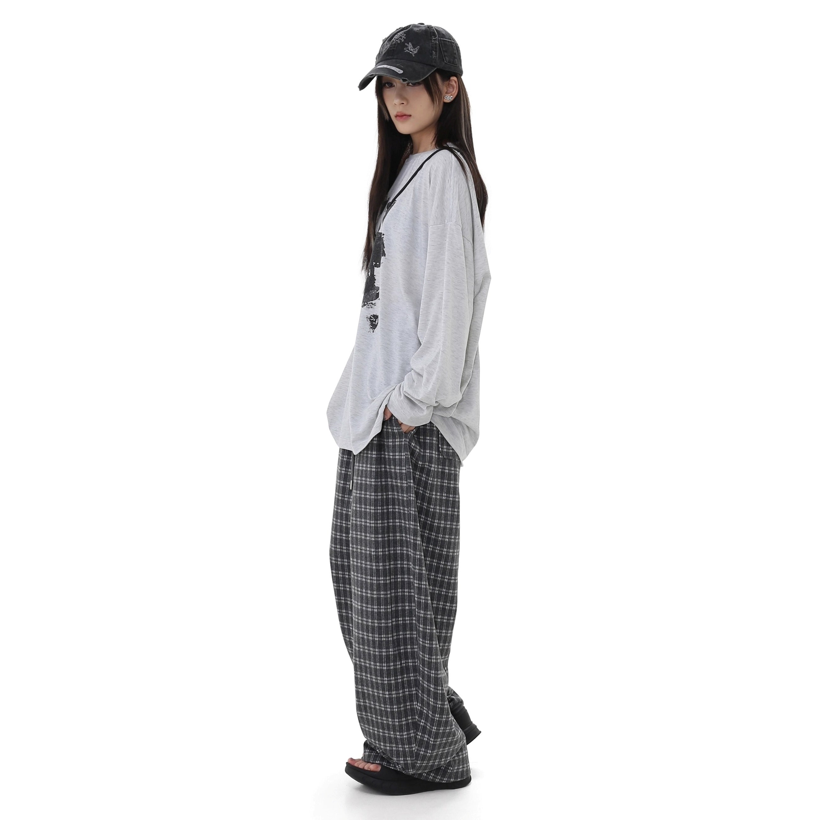 Elastic Waist Plaid Wide-leg Pants GB7038