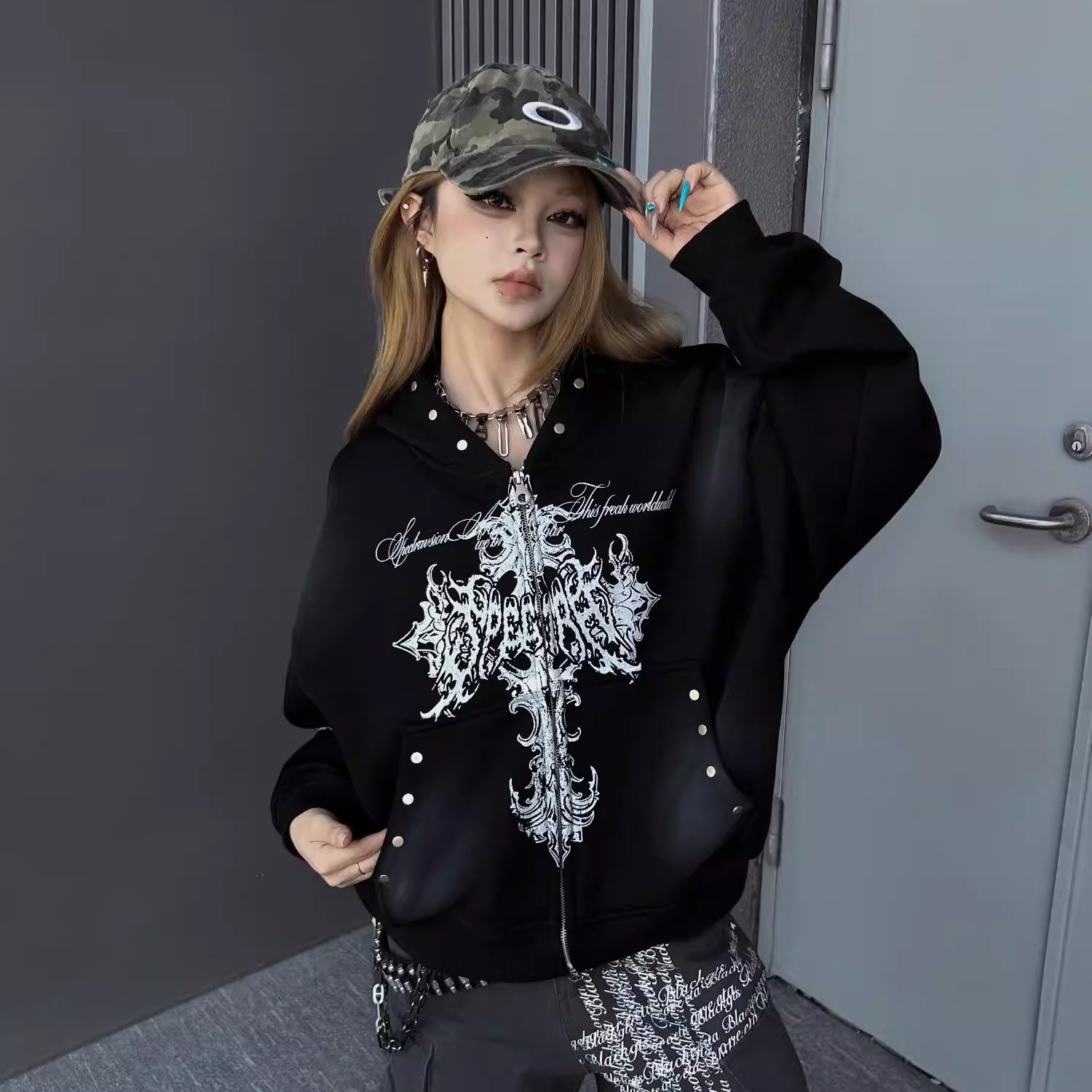 Stained Cross Print Hoodie Jacket MW10335
