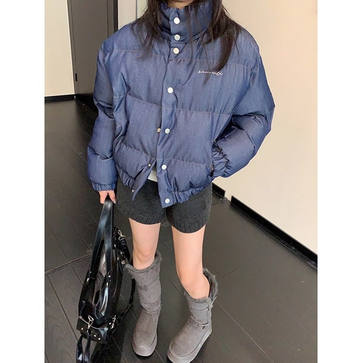 Denim Fabric Cropped Puffer Jacket OS2062