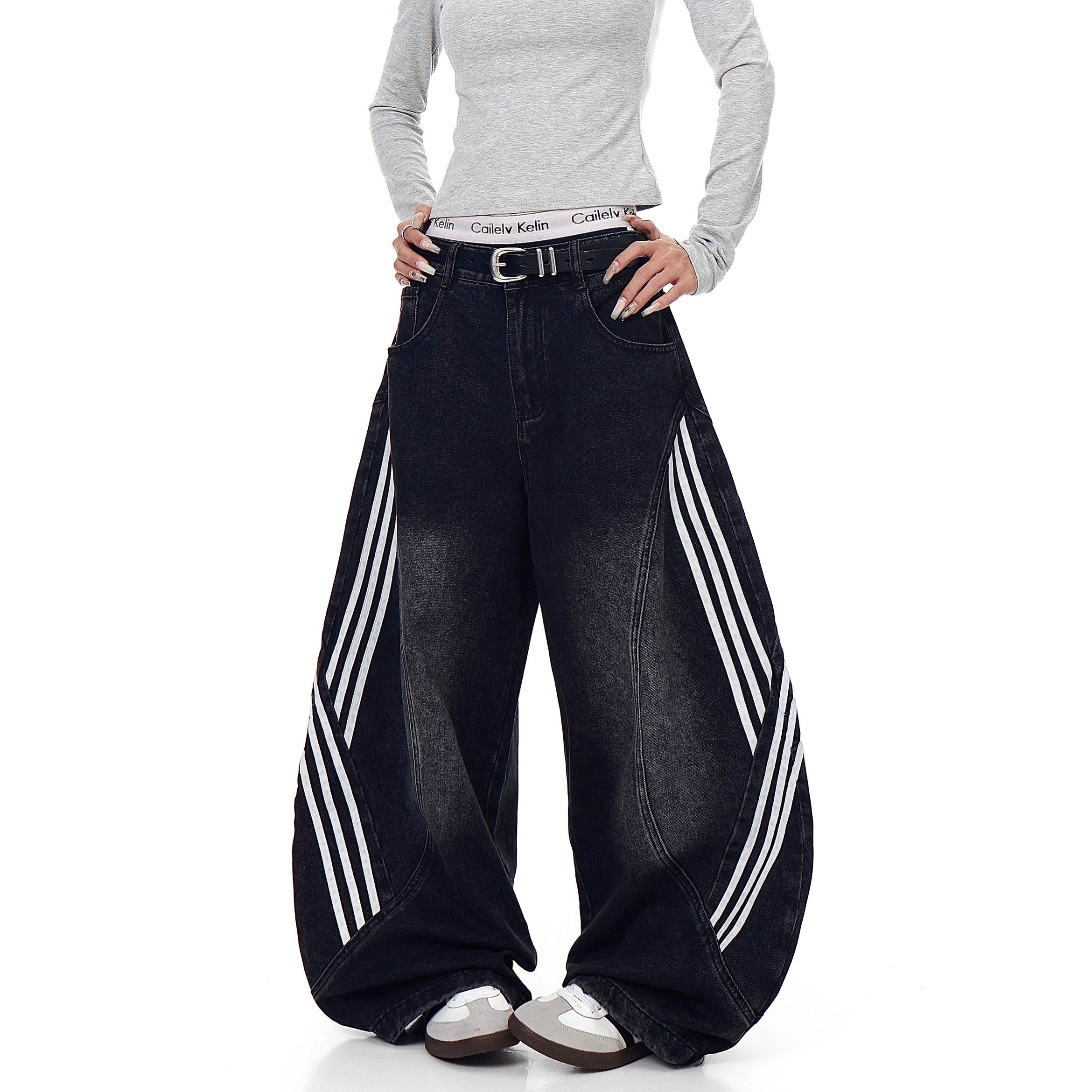 Striped Patchwork Washed Scimitar Jeans BK7031
