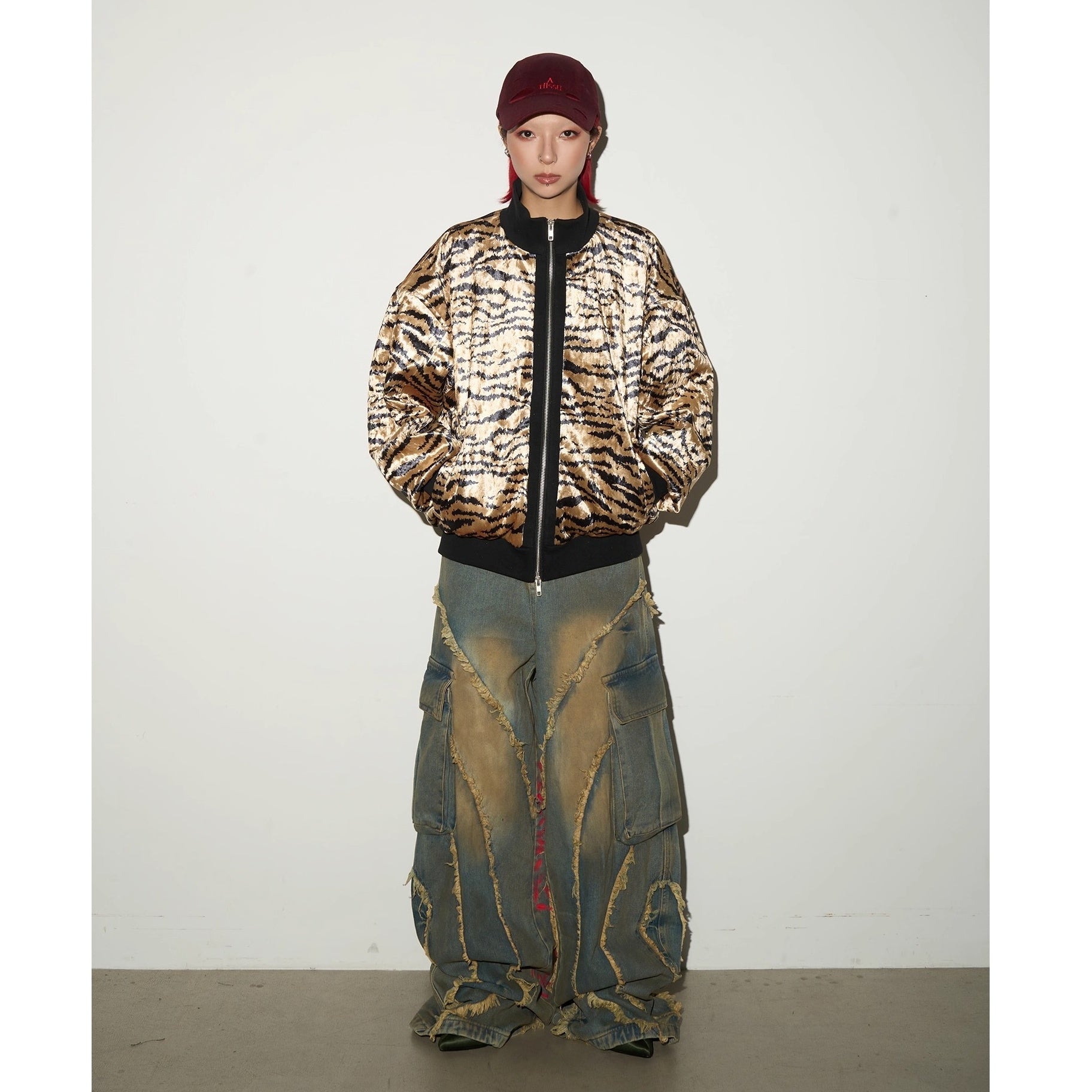 Pigment Print Raw Edge Wide Cargo Jeans MN9047