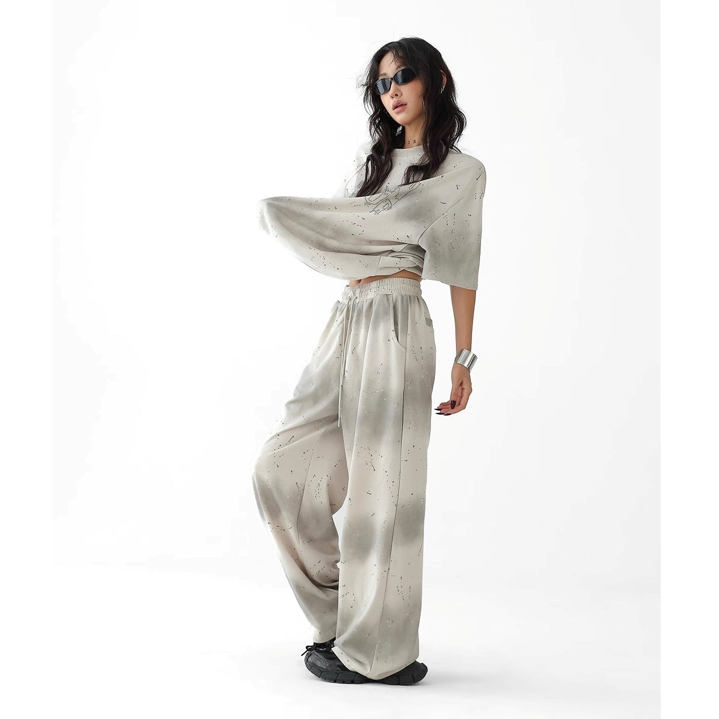 【上下別売り】2Length Rhinestone Tie-Dye T-Shirt & Loose Sweatpants Set-up AC7114